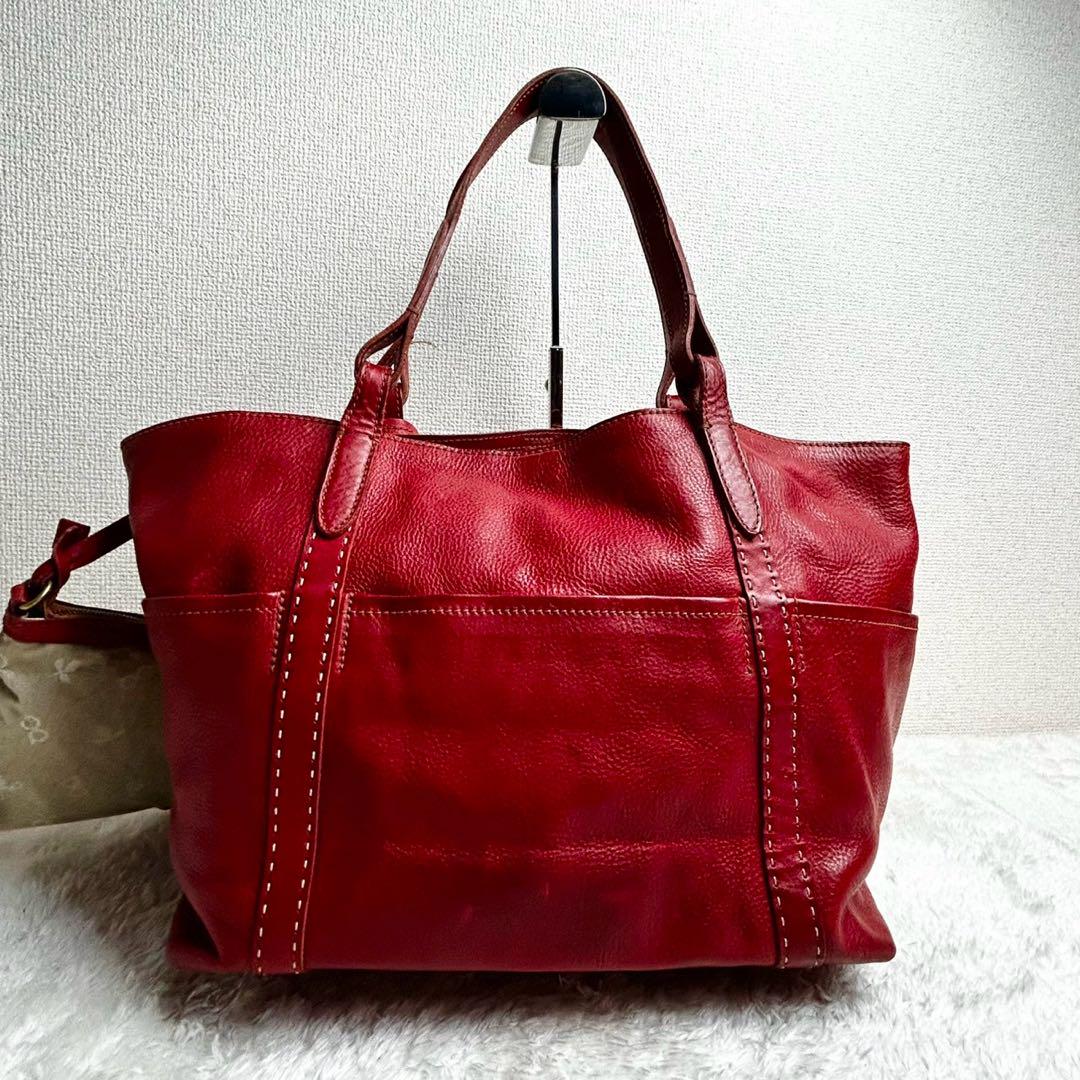 良品⭐️ genten ゲンテン ポーチ付き レッド トートバッグ