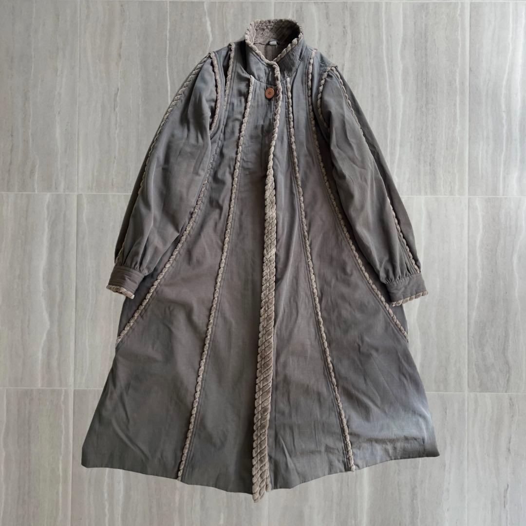 ボア切替 ロングコート カーキ アートデザイン Aライン SIZE VINTAGE