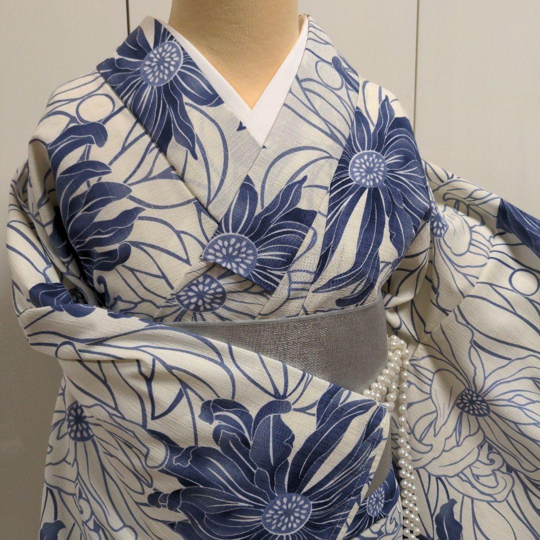 浴衣 ゆかた ユカタ 綿100% Mサイズ 白✖ネイビー 花がら カワイイ