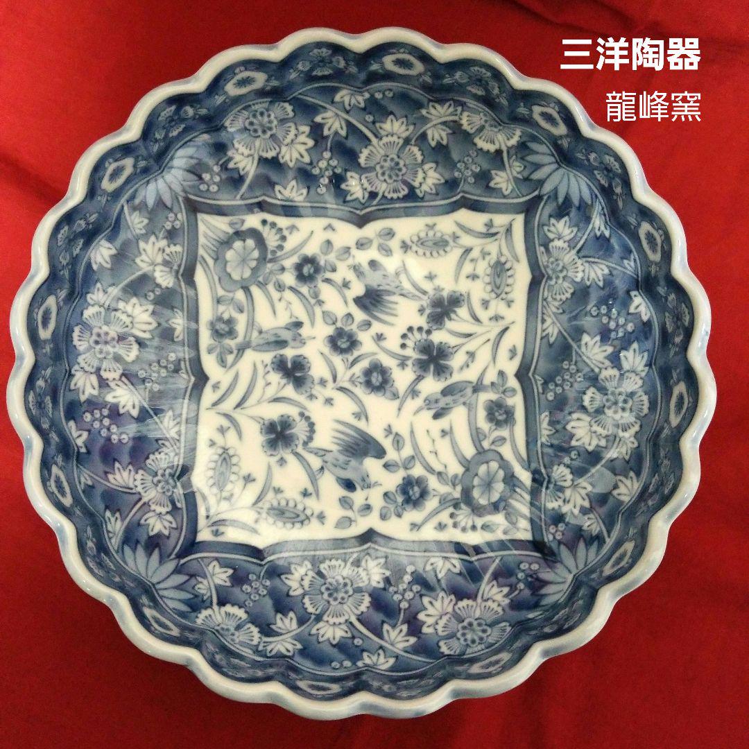 龍峰窯　染付更紗　花鳥文　輪花鉢　　中鉢　5枚 有田焼 龍峰窯 花鳥 染付更紗 楕円大皿 菊割 輪花 大鉢 和食器