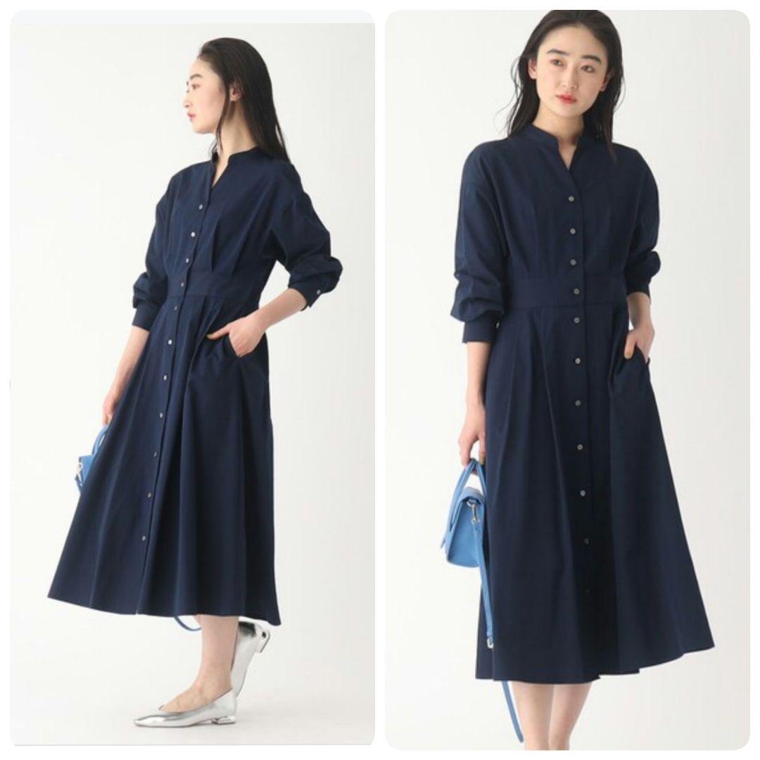 オペークドットクリップ　フィット&フレア シャツワンピース　紺　L