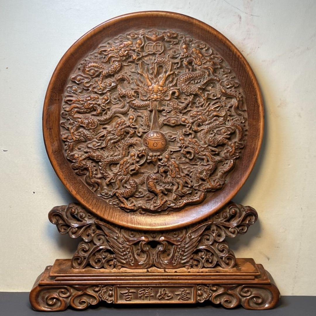 黄楊木 彫刻 九龍図屏風 置物