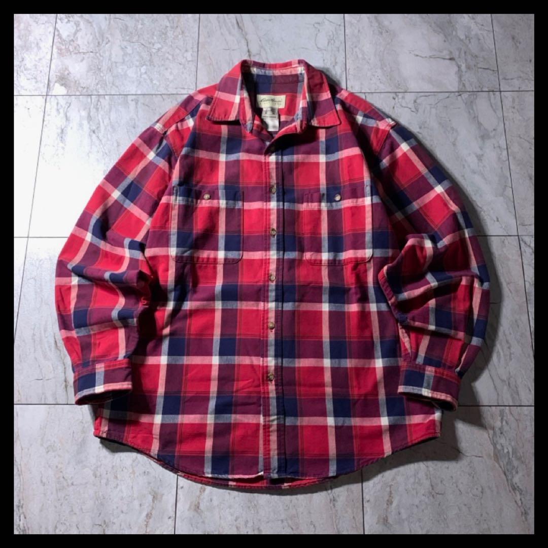 90s 00s Eddie Bauer チェック柄 ヘビーネルシャツ 赤 紺 M