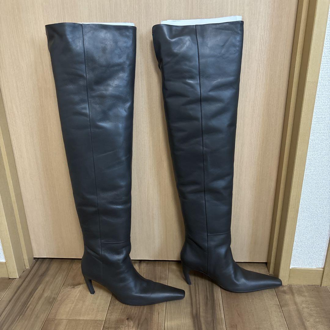 ブラック レザー ロングブーツ 9cmヒール レースレディース Lace Ladies レザー調 厚底 チャンキーヒール