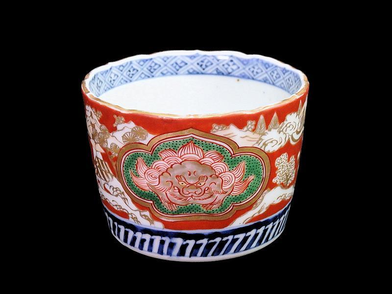 古伊万里　色絵　獅子に山村の図　大振蕎麦猪口　A611AS-CIr