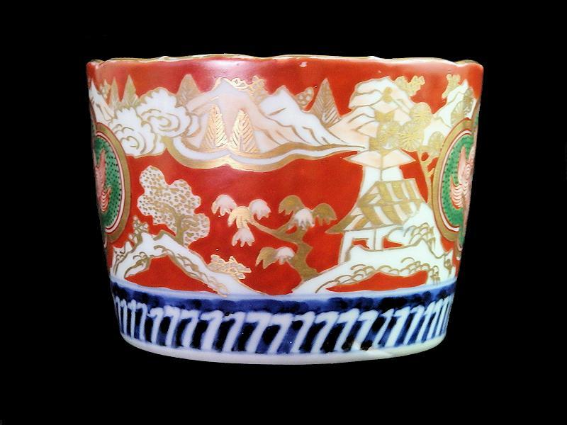 古伊万里　色絵　獅子に山村の図　大振蕎麦猪口　A611AS-CIr