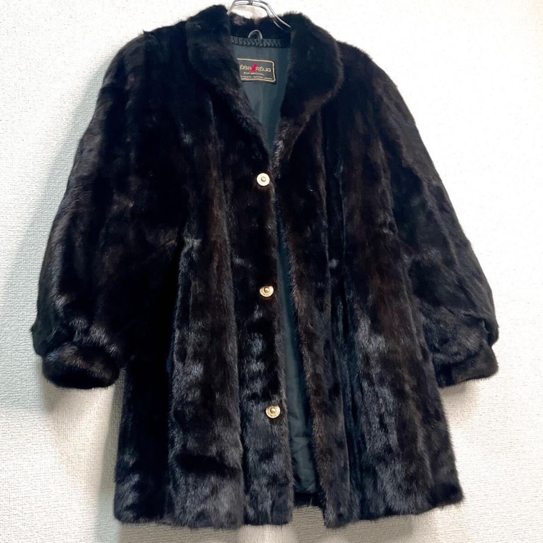 極美品【金ボタン/ブラックグラマ】貂 毛皮 ロングコート ボリューム◎ MINK