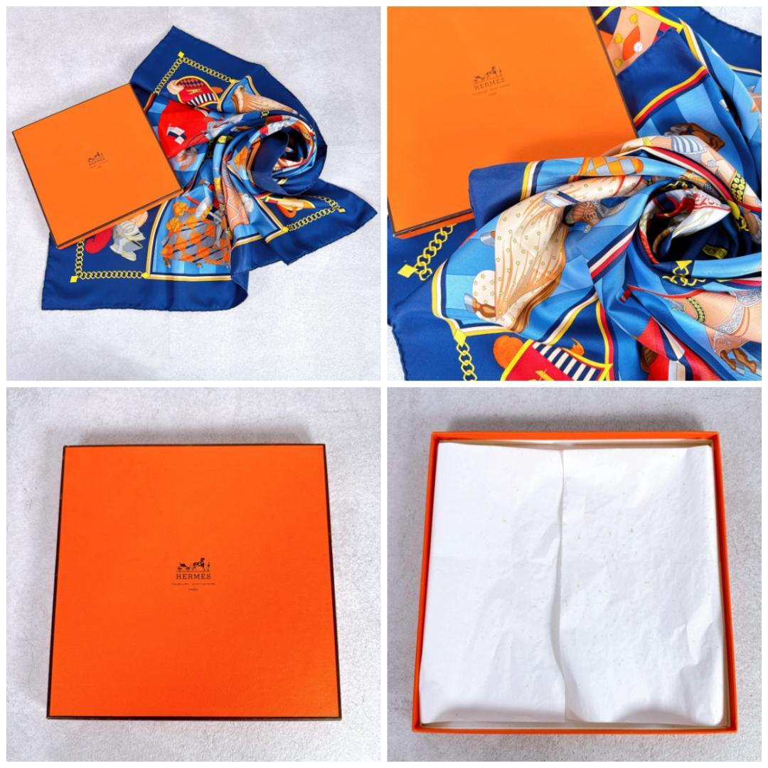 HERMÈS シルクスカーフ ブルー 馬/人物モチーフ