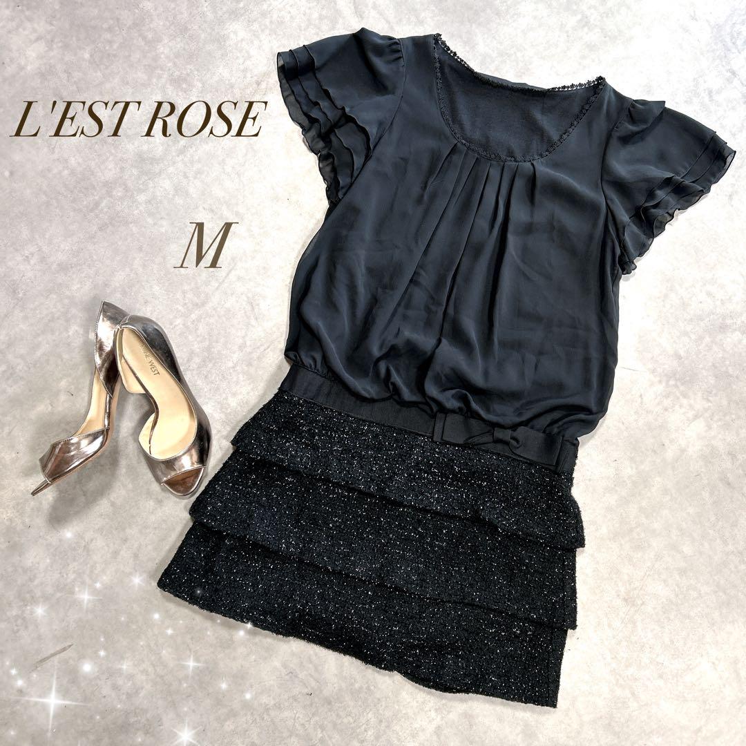 L'EST ROSE／フリル袖 切替シフォンワンピース カジュアルドレスM