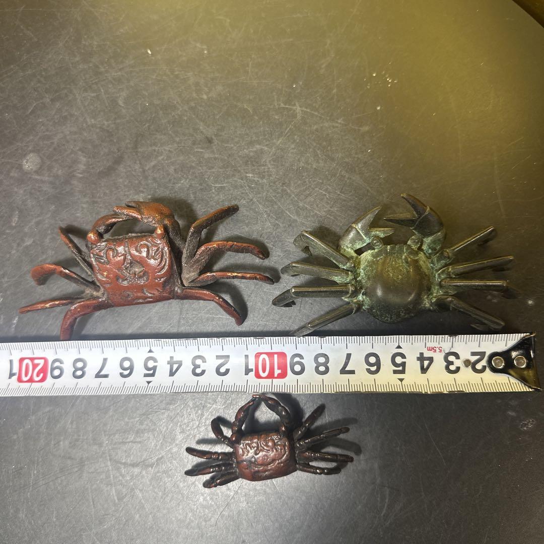 金工，置物，盖置，青銅製カニ彫刻3点セット