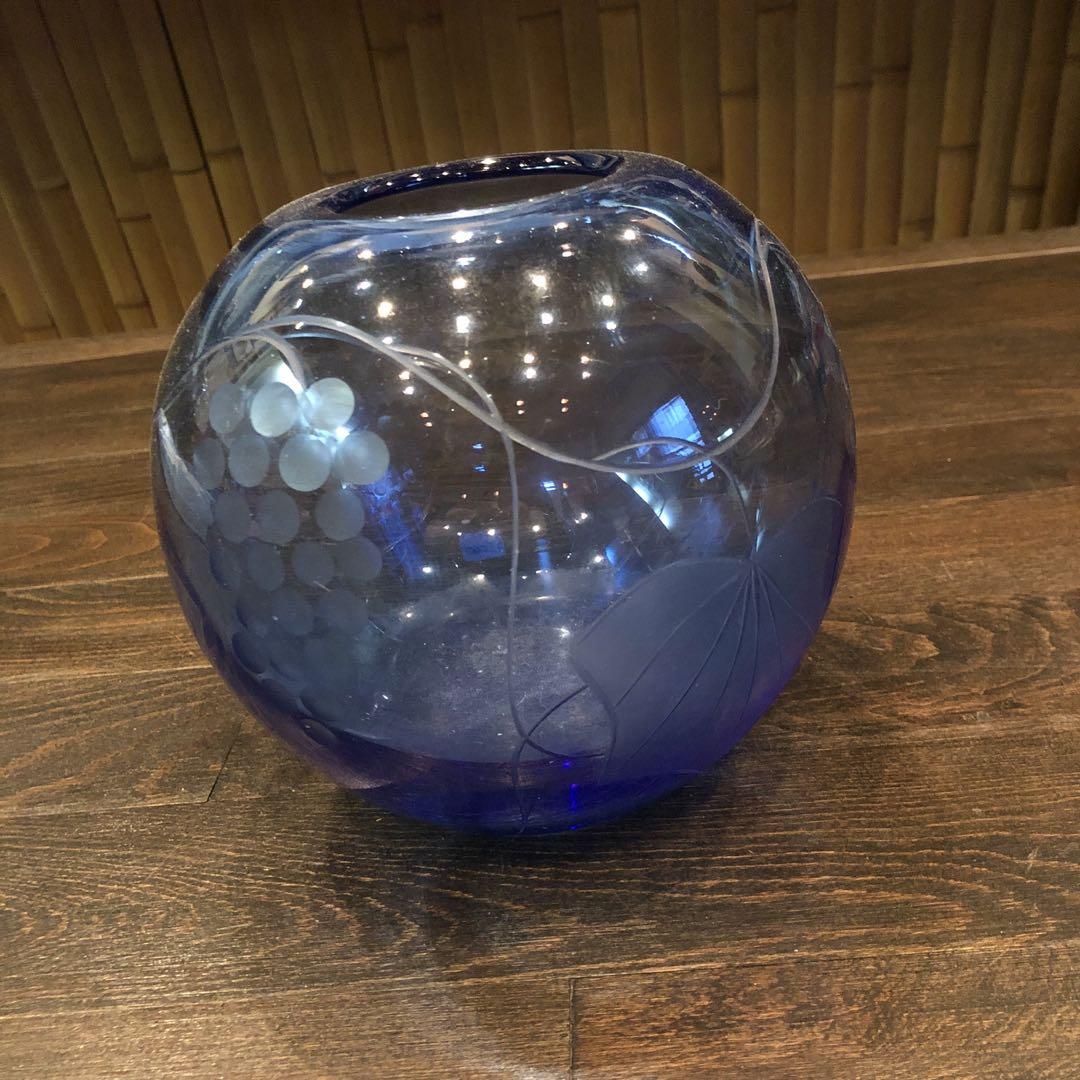 瑠璃色 葡萄 花器★花瓶 硝子 粋 工芸 細工 ナチュラル 鉢 レトロ 古民家