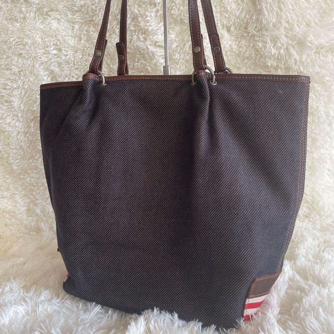 バーバリーブルーレーベル トートバッグ 綿×牛革 マルチ インディゴ　ボーダー