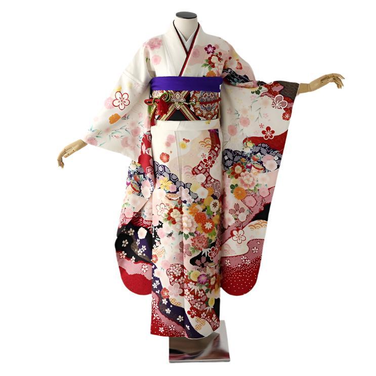 振袖 身長150-165cm 白 桜、菊、牡丹や御所車 正絹