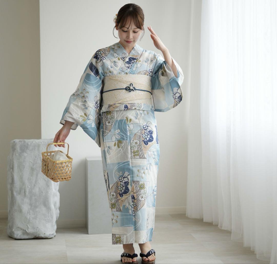 ☆新品 浴衣と帯2点セット utatane 水色の市松に菖蒲 萩 撫子