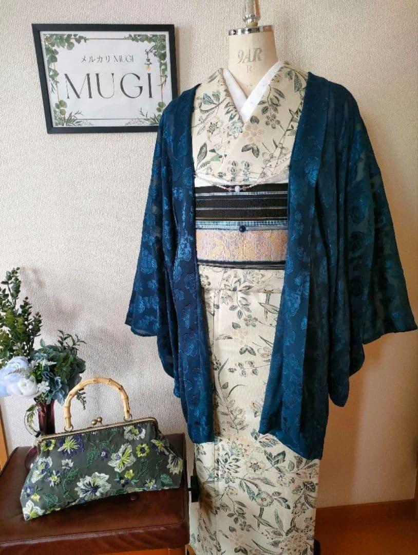 羽織*ネイビー花柄*長羽織*レース羽織*オーガンジー羽織*洗える羽織*道行