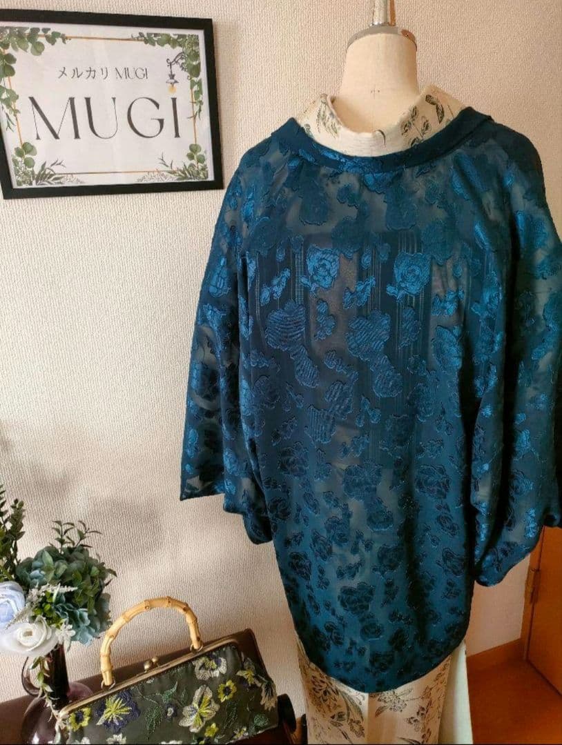 羽織*ネイビー花柄*長羽織*レース羽織*オーガンジー羽織*洗える羽織*道行