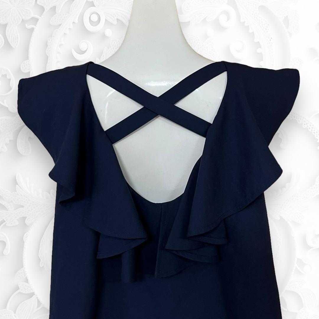 極美品 カスタネ 人気バッククロス フリル ノースリーブトップス ネイビー F