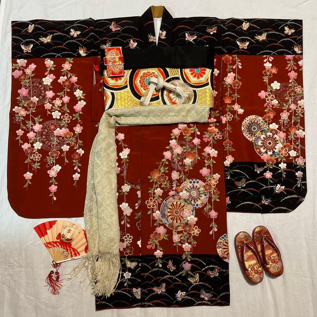 七五三 7歳 着物 黒 茶色 蝶々 アンティーク目立った傷や汚れなし