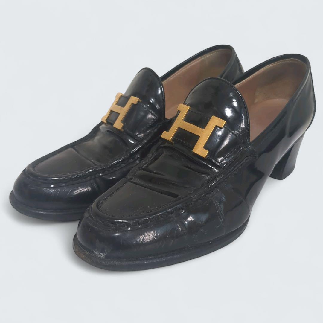 【楽ギフ_のし宛書】 良品 コン ロゴ Hバックル 厚底 ハイヒールローファー HERMES 靴