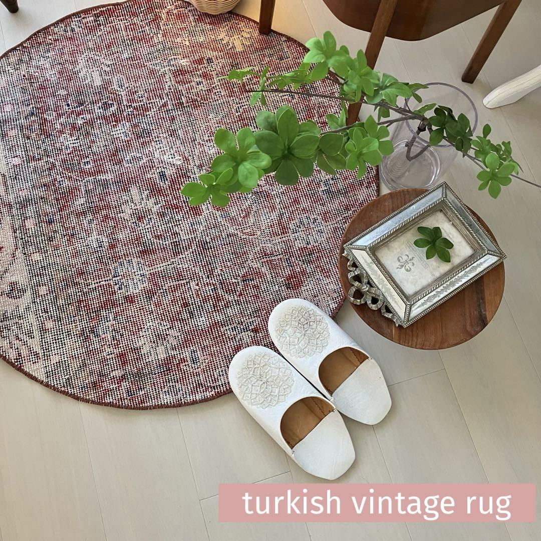 レッド83×83 シャビー　ネイビーフローラル　ミルキー　トルコヴィンテージラグ