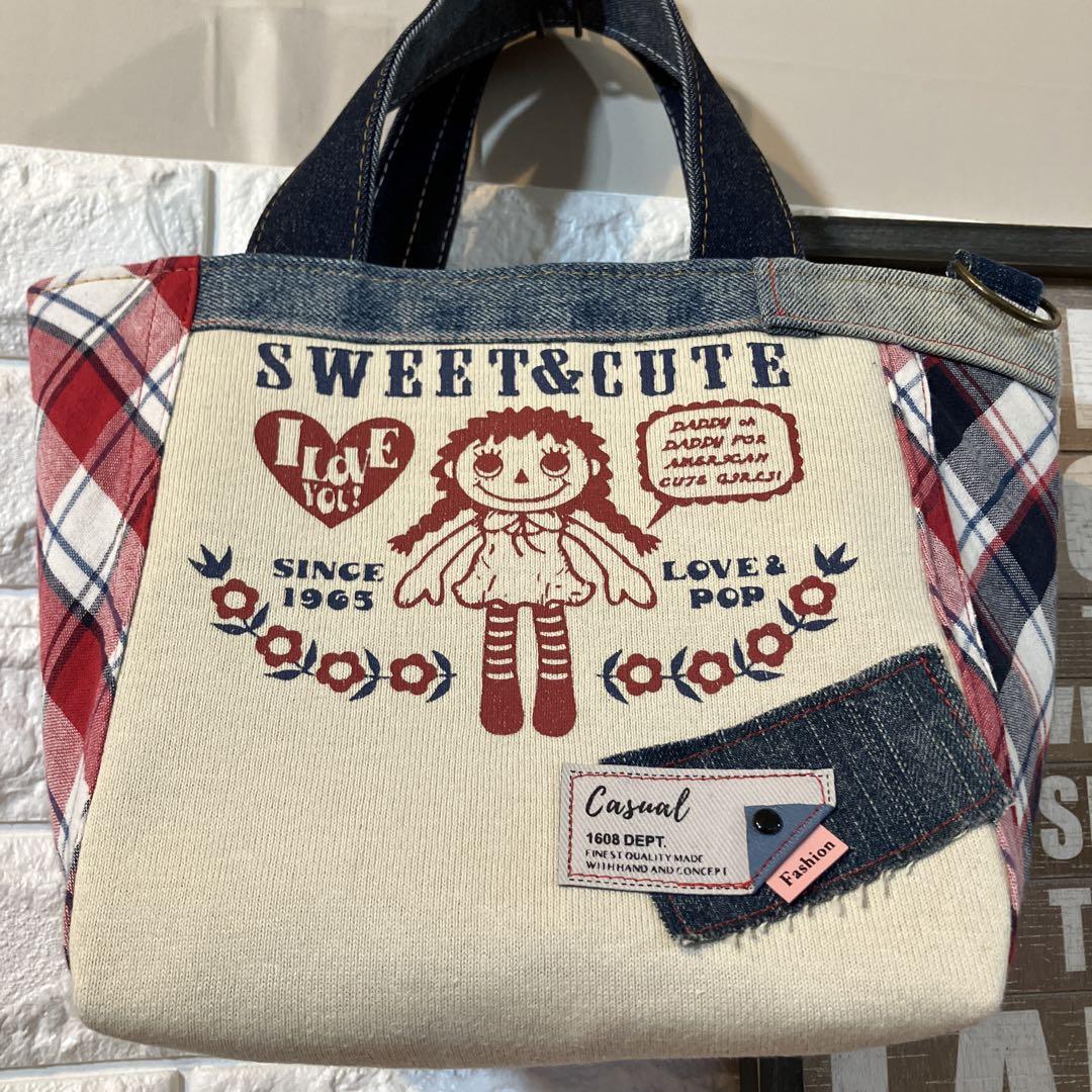 ハンドメイドバックデニムリメイクパッチワークトートバック2way