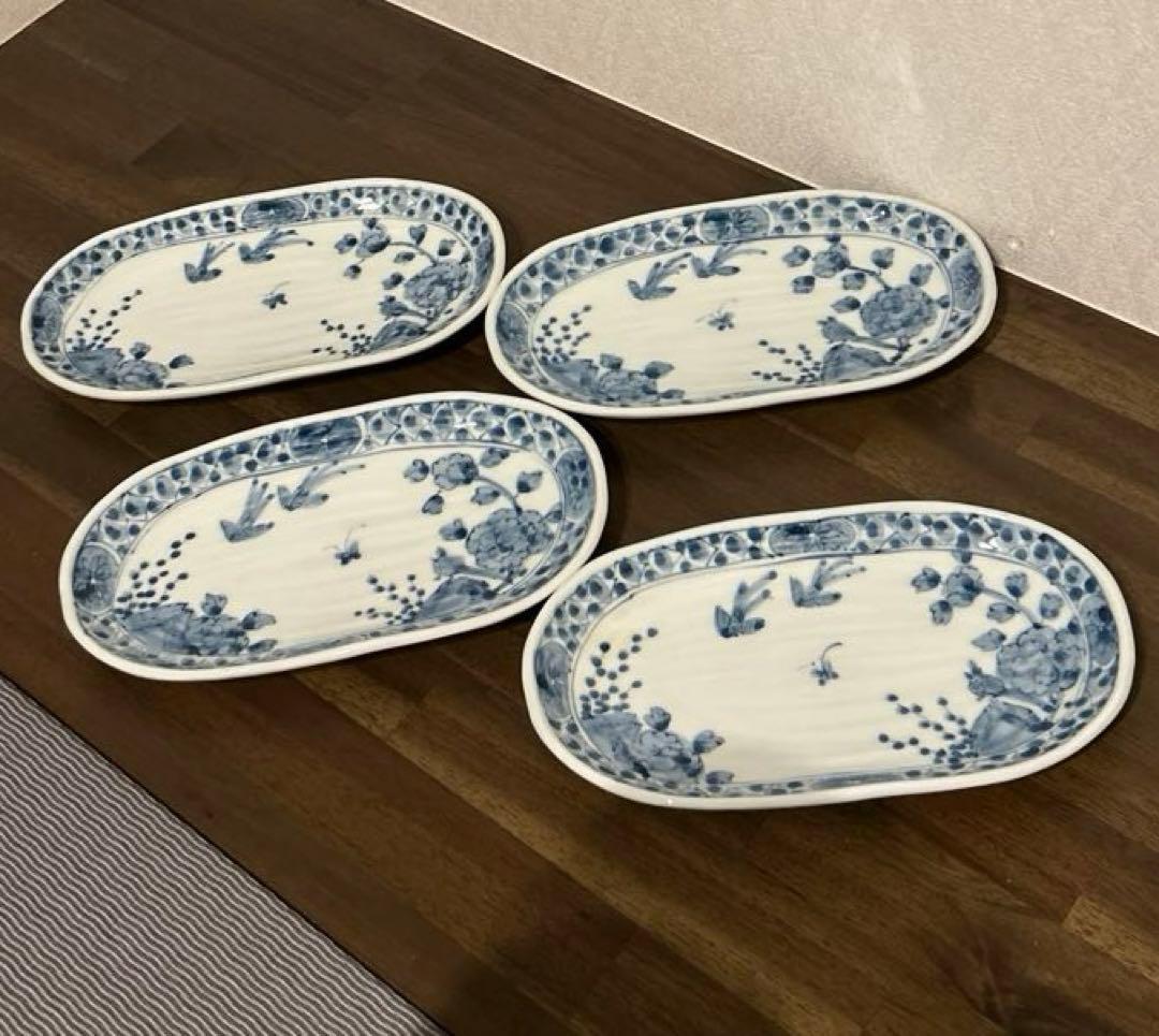 藍水 花鳥 楕円のお皿4枚波佐見焼