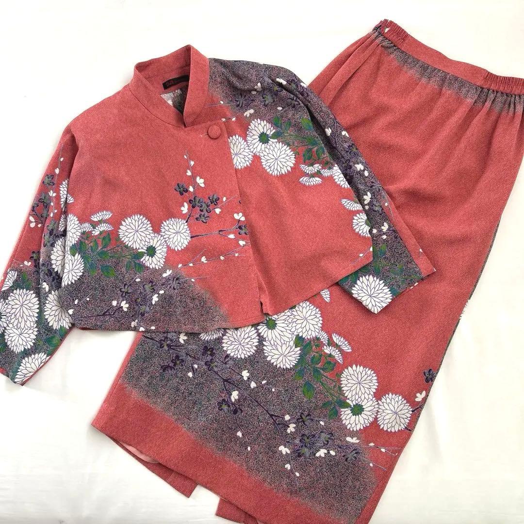 セットアップ 詩仙堂 花柄7分袖 シャツ ブラウス ロングスカート ピンク SIZE 詩仙堂