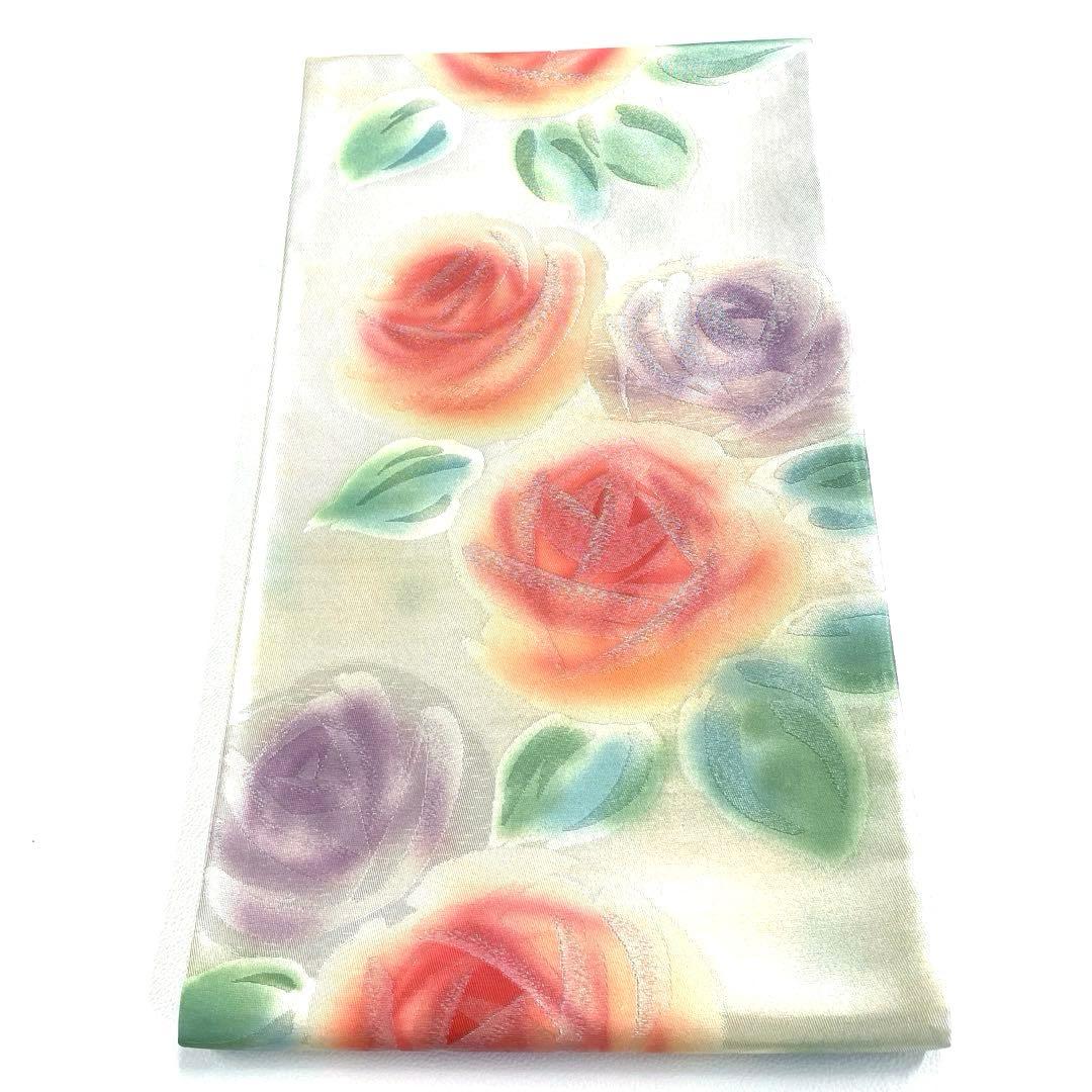 帯4073 正絹 六通 袋帯 薔薇