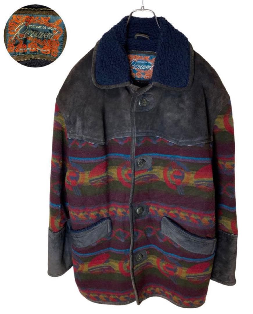 希少レトロ古着リアルレザー×ネイティブ柄ウール裏ボアブルゾン ビッグサイズ 7,293円