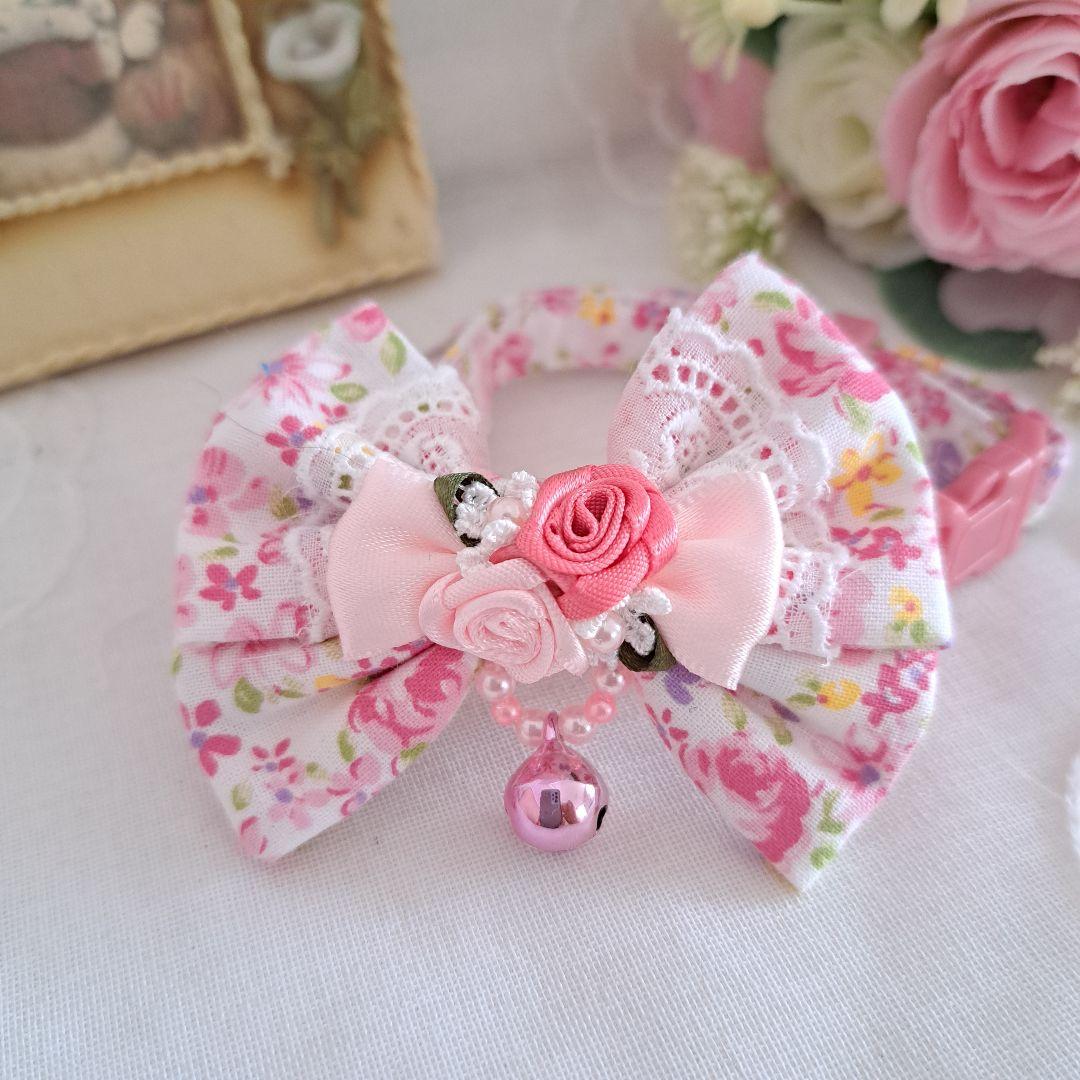 ピンクフラワー(②)ダブルリボン、わんちゃん猫ちゃん用首輪