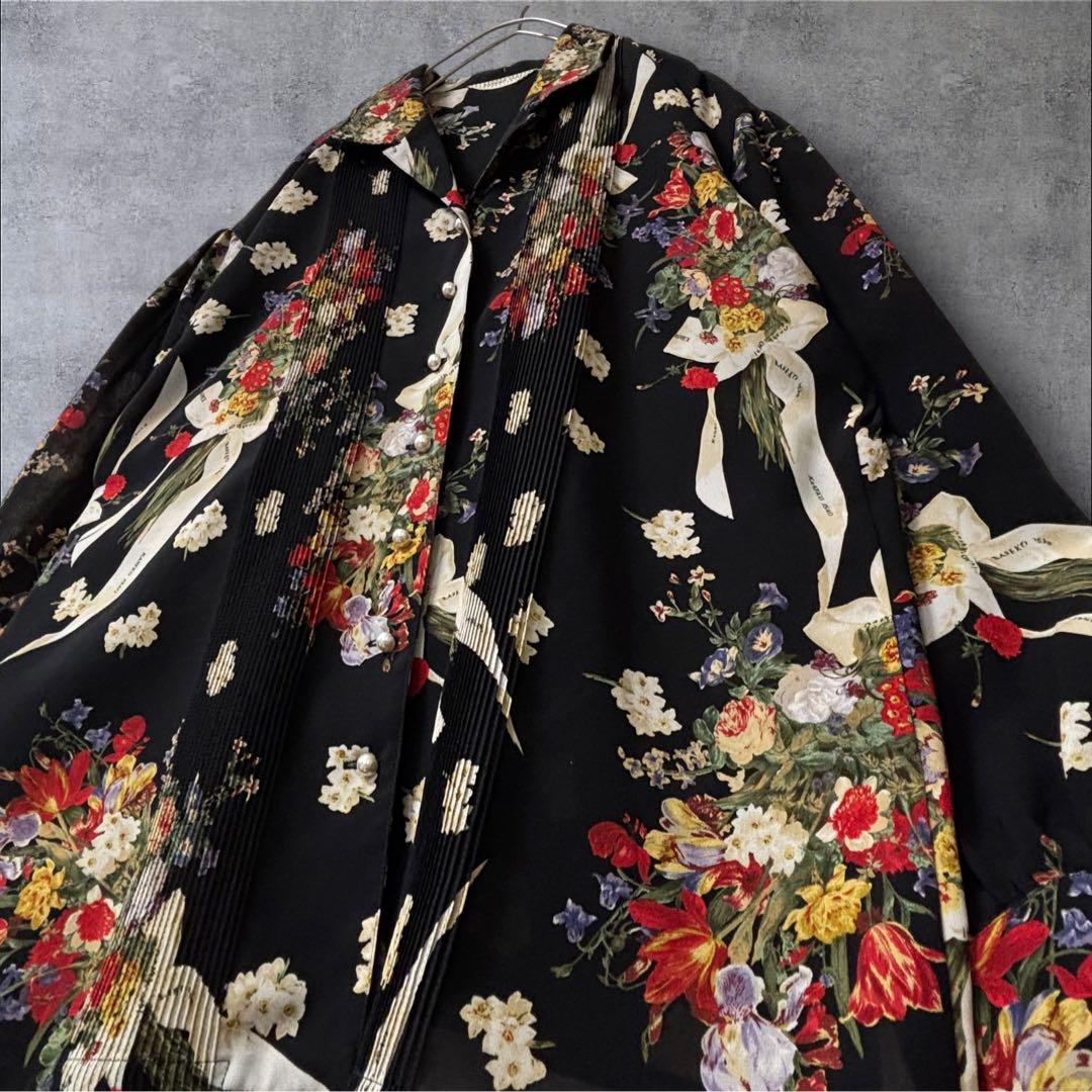 1474★美品★KANEKO ISAO ピンタックブラウス 花柄 ロゴ入り F