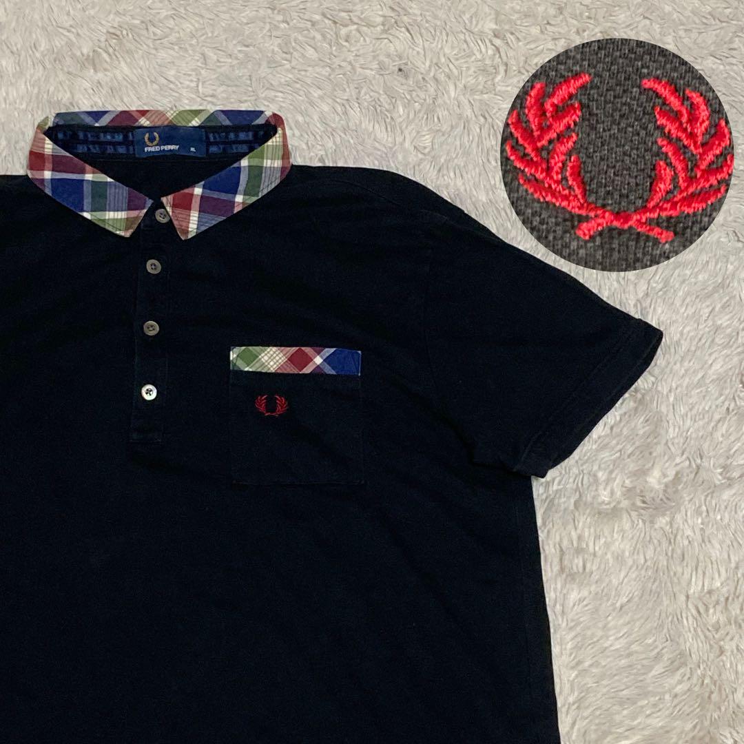 FRED PERRY【XL】黒 ブラック チェック 赤 刺繍ロゴ ポロシャツ
