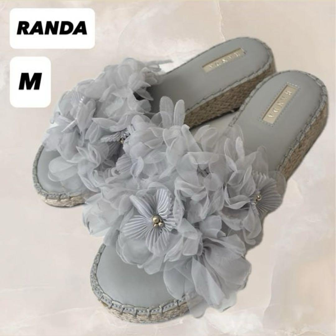 RANDA ストレスフリーシフォンフラワーミュールサンダル ブルーグレー M