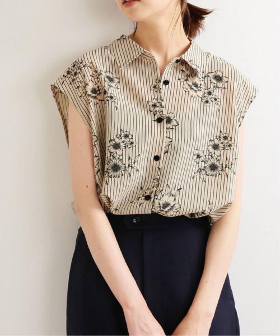 美品 IENA イエナ ストライプ フラワー ノースリーブ シャツ ブラウス