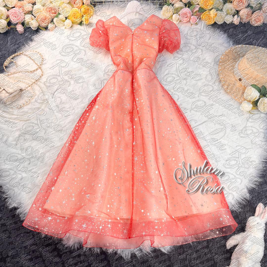 【即日発送】大きいサイズ♡星空のパーティードレス♡パフスリーブ♡レース♡2XL