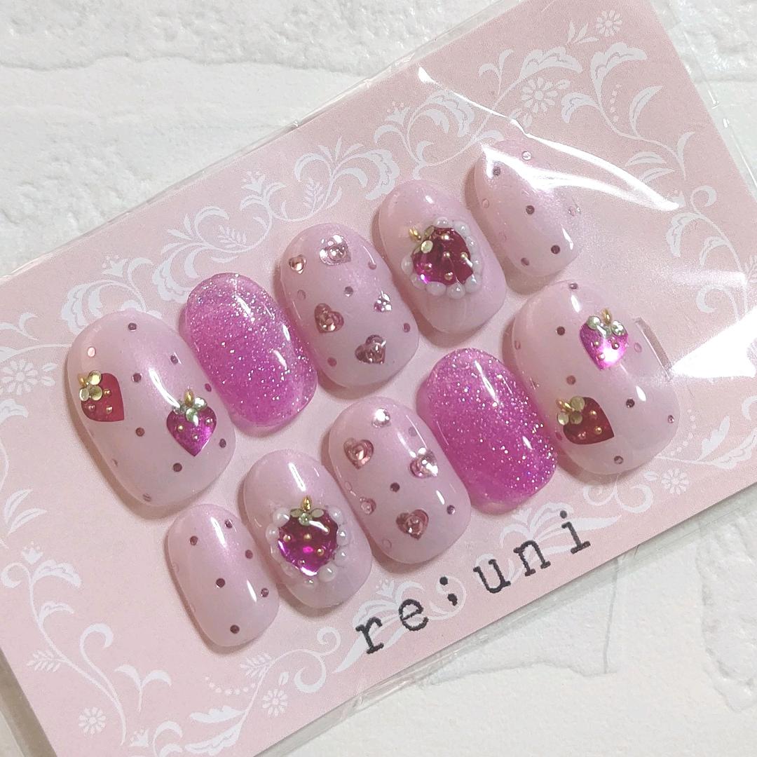 苺　ネイルチップ 現品】ネイルチップ フルーツネイル いちごネイル ピンクネイル