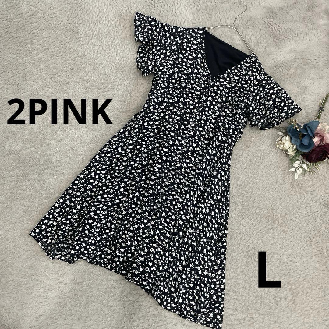 2PINK 良品　半袖ワンピース　春夏　花柄総柄　黒