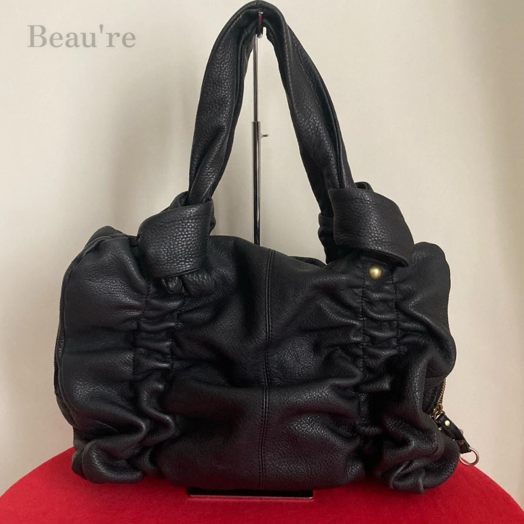 【大人気】 Beau\'re 本革レザーハンドバッグ オシャレ ブラック 大容量