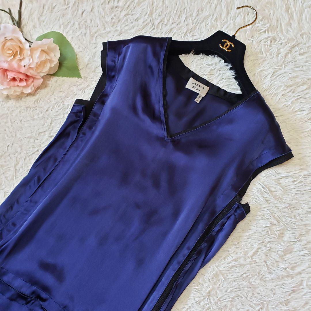 正規店在庫 美品 ドレス ブルー サテン S Iz8vZ-m71412832343 LANVIN ワンピース ロング丈 シルク 大得価お得