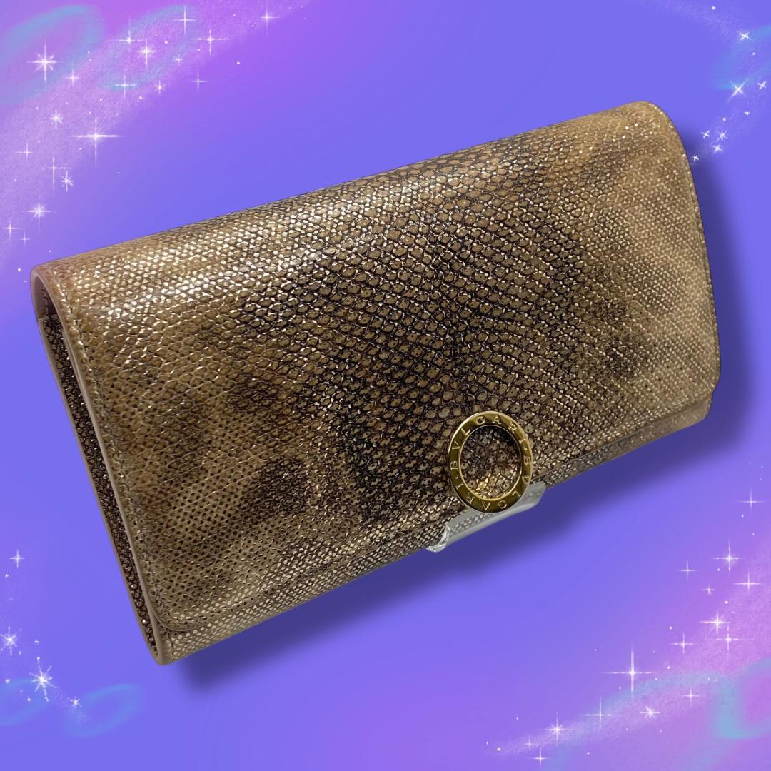 美品 ブルガリ 二つ折り長財布 ロゴクリップ メタリックパイソン