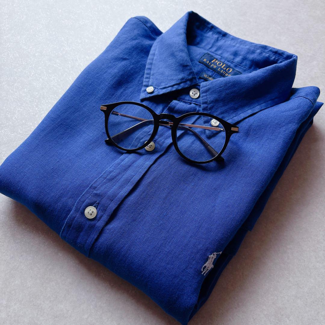 POLO ｜現行タグ セルリアンブルー ホワイト ポニー刺繍 リネン