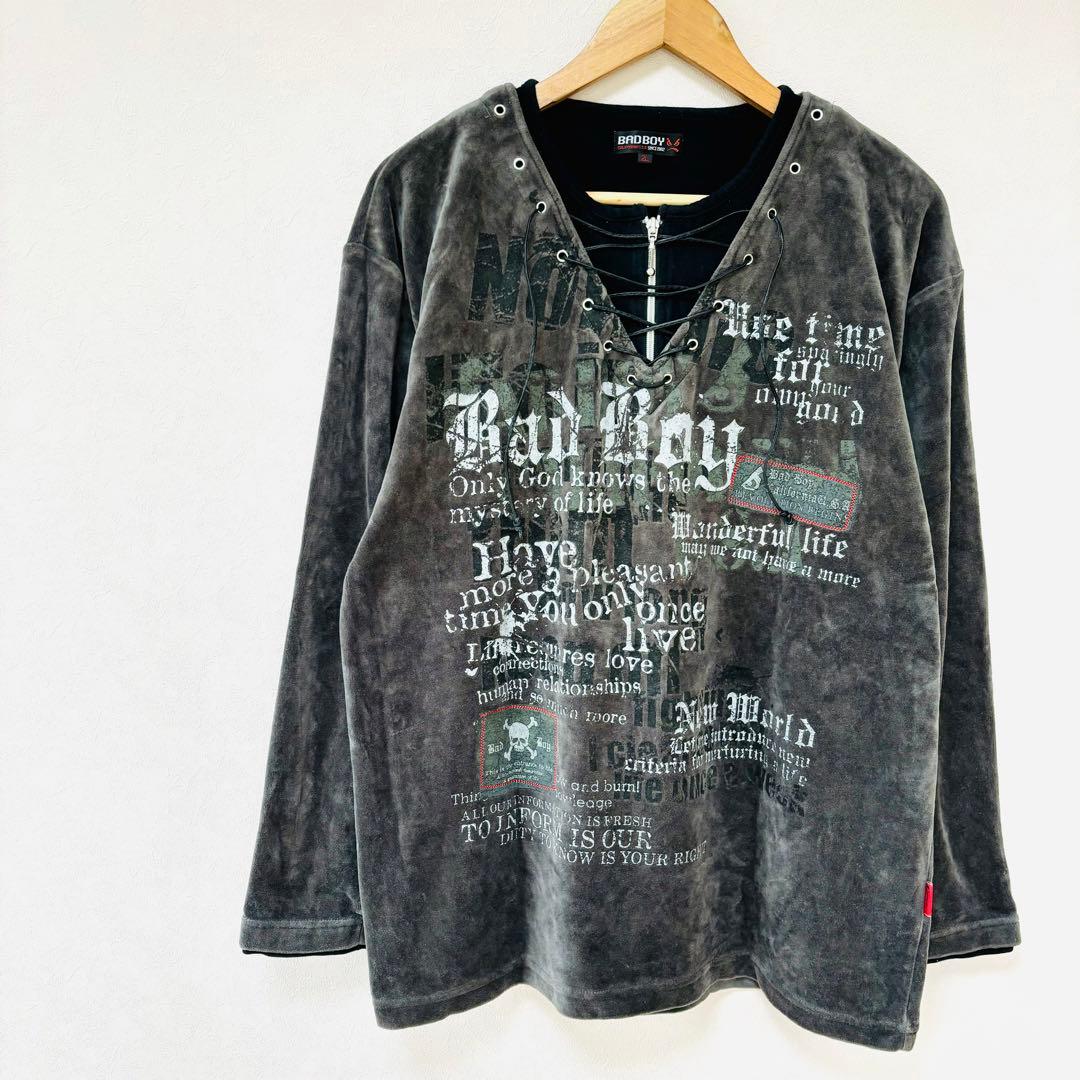 2L大きいサイズ【バッドボーイ】Y2スカルKロンT　長袖Tシャツ　編み上げネック