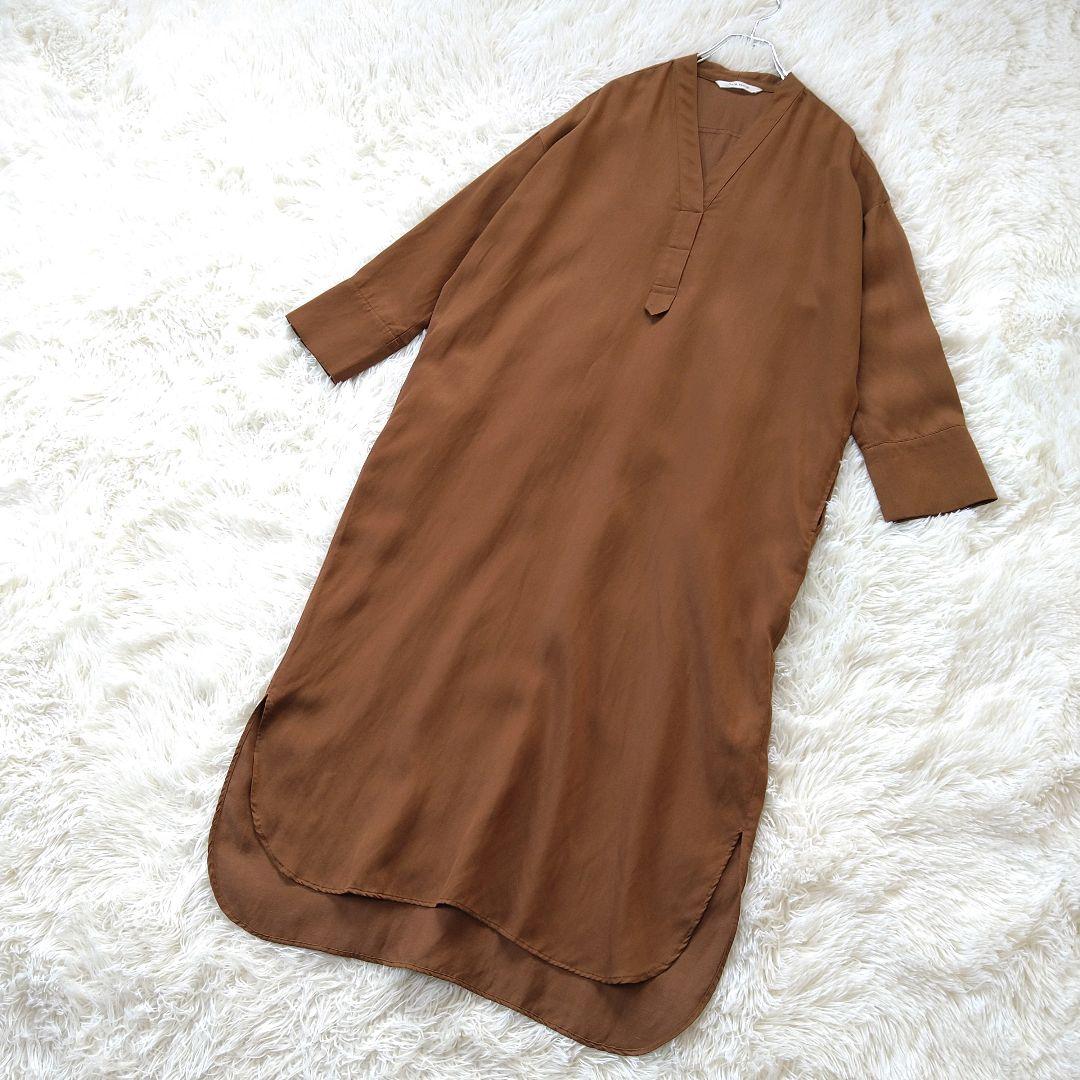 【美品】PLAIN PEOPLE　リネン混 Vネックロングワンピース ブラウン