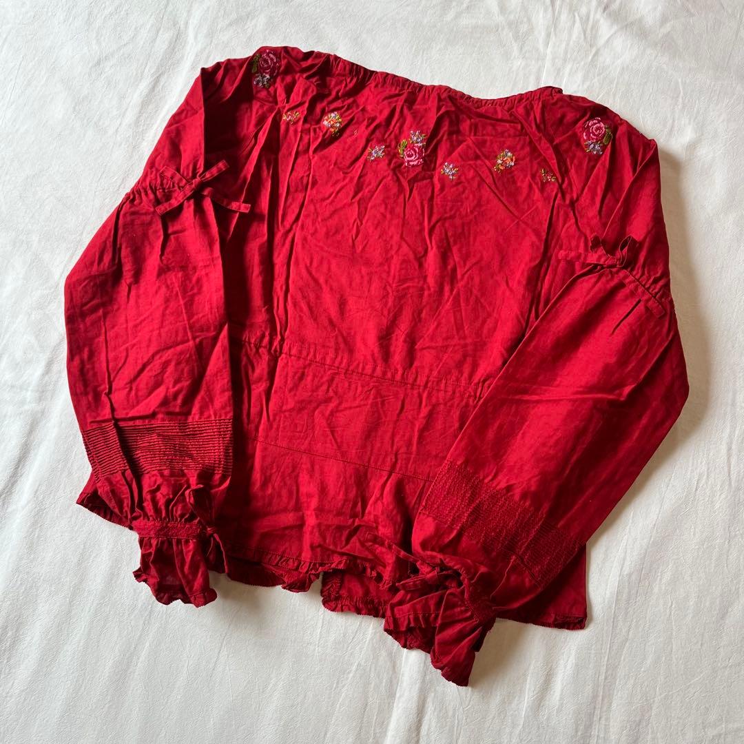 【高級】PINK HOUSE シャツ 花柄 刺繍 バラ レッド リボン 日本製