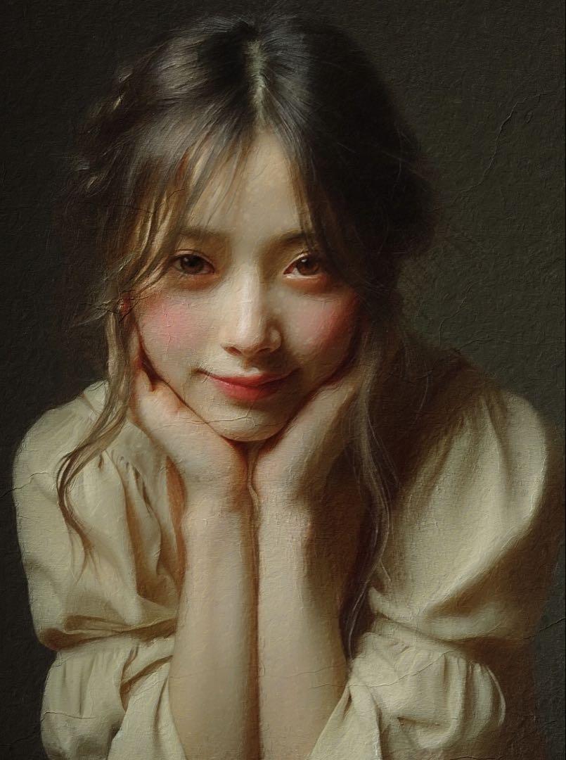 板材に映し出された美しい女性をモデルにしたリアリズム人物画 油彩画風アート作品