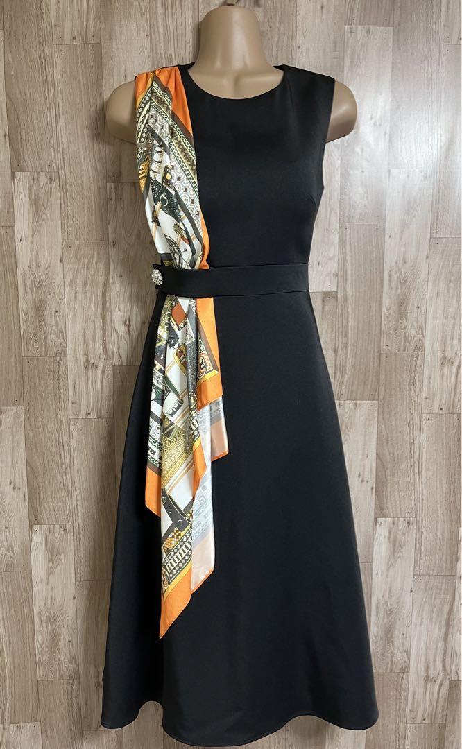 31446＊GINZA COUTURE＊スカーフモチーフミディアムドレスbkXS