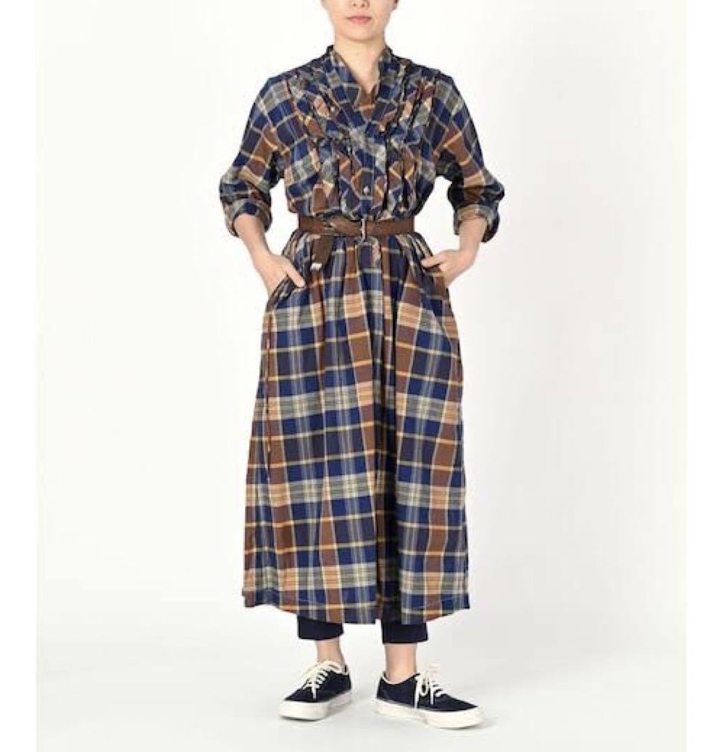 ✨美品✨45R✨インド麦平のマドラスフリルドレス✨シャツワンピース