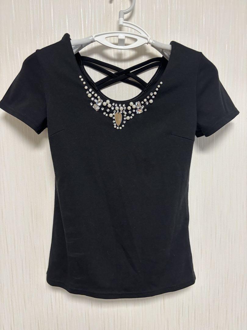MARS ビジュー付き黒半袖Tシャツ　カットソー