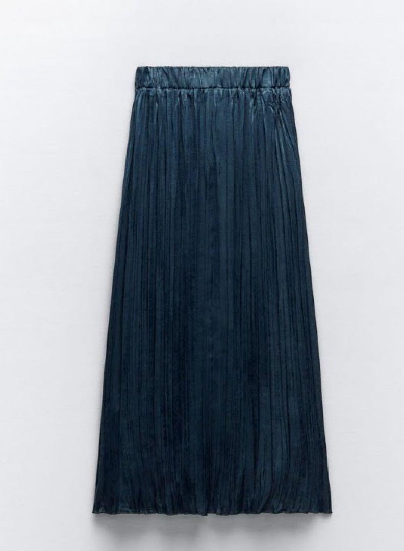 新品未使用 ZARA シワ加工サテンエフェクトスカート M ネイビー