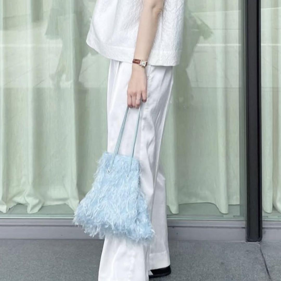 【美品】charmant sac アクアブルー フリンジ 巾着 バッグ 美品】charmant sac アクアブルー フリンジ 巾着 バッグ